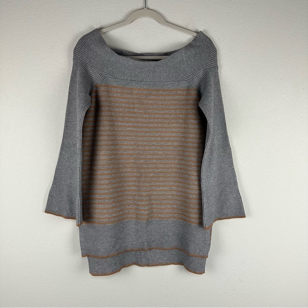 Anthropologie Gray Orange Striped Elise Ribbed Off The Shoulder Sweater Tunic